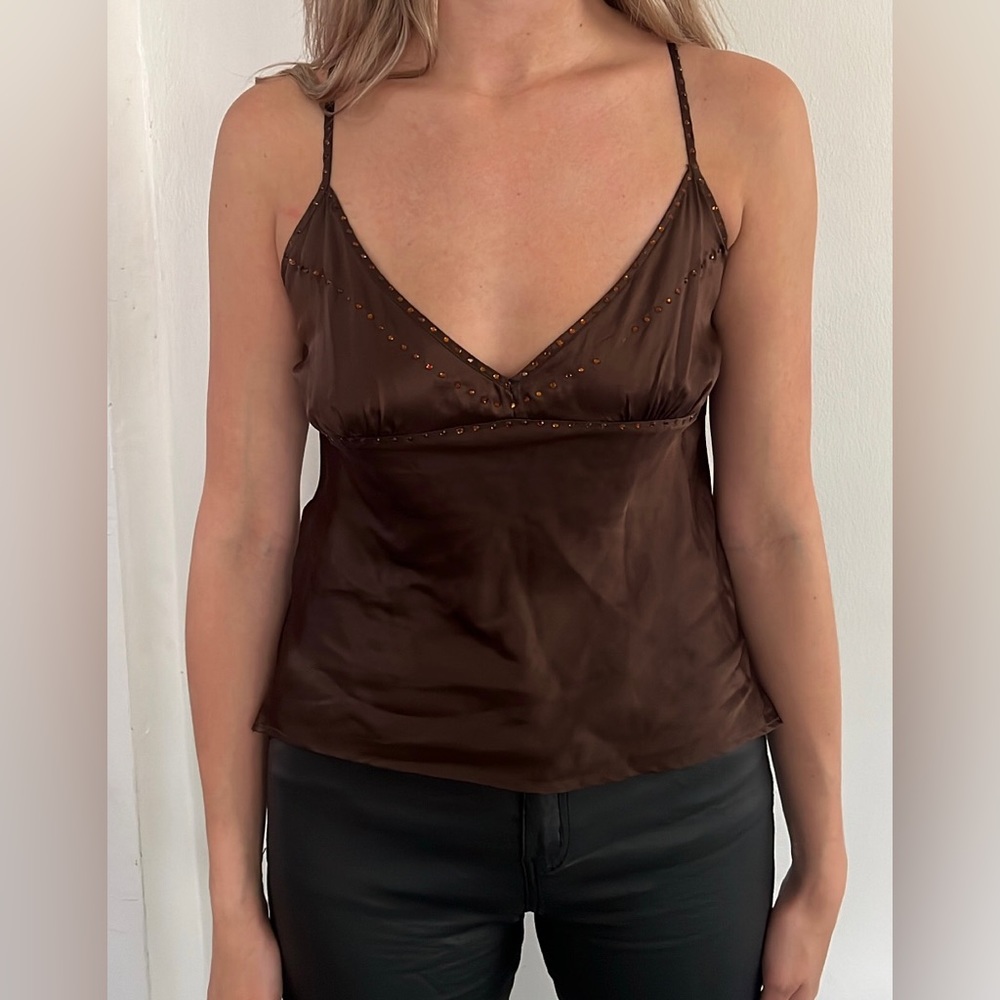 Gold Hawk brown satin cami with rhinestone detail